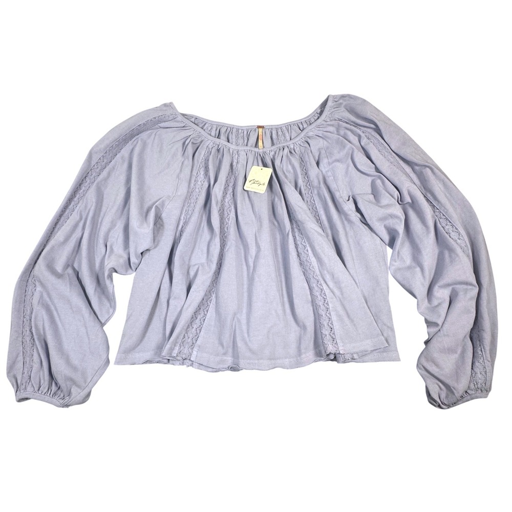 NWT Free People Frosted Violet Cotton Lace Inset Balloon Sleeve Top Medium